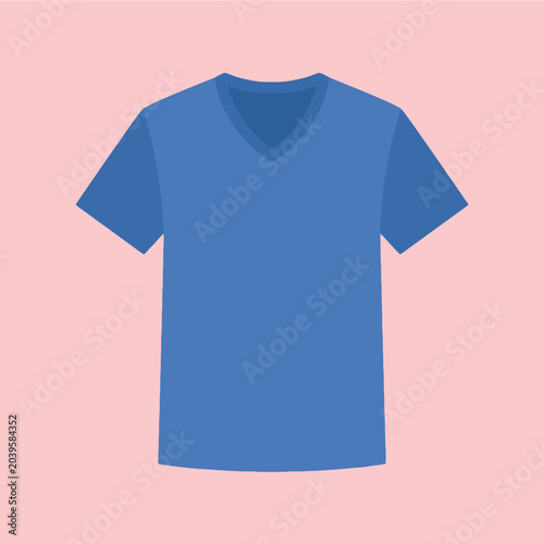 A simple blue v-neck t-shirt displayed on a soft pink background