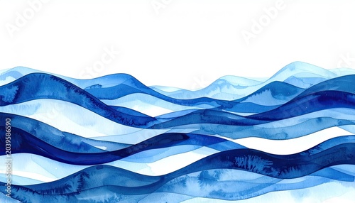 Abstract Blue Watercolor Waves Seamless Pattern Background.
