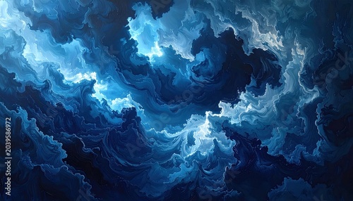 Abstract Blue Swirling Clouds of Light and Darkness.