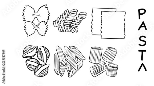 Foto Hand-drawn pasta types vector illustration: farfalle, fusilli, lasagna, conchiglie, penne, rigatoni line art sketch, transparent background