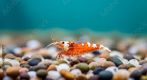 Crystal red shrimp on colorful aquarium gravel