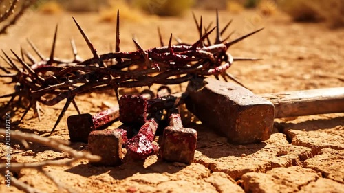 Symbolic representation of the crucifixion: a crown of thorns, bloodied nails, and a hammer on arid ground, signifying suffering and sacrifice.