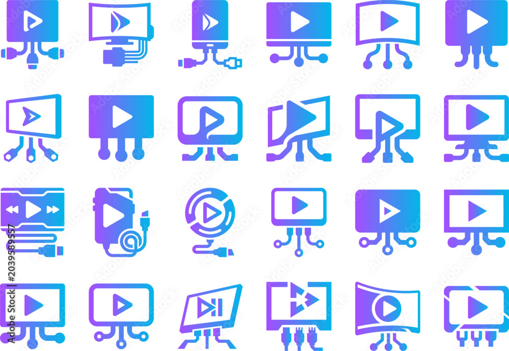 Fototapeta premium Digital video player icons, media playback controls, and streaming technology symbols.