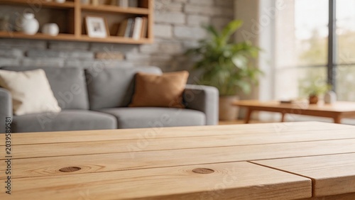 Close up of wooden table surface texture in modern living room, empty space for product display mockup, cozy home interior design background with sofa and shelves blurred bokeh