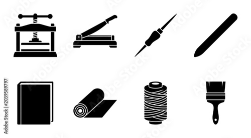 Fotografie Bookbinding Tools and Materials Icon Set, Silhouette, for Craft and Hobby Projec