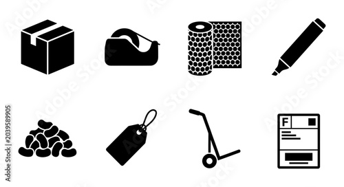 Foto 8 Shipping and Packaging Silhouette Icons, Flat, for Logistics and Delivery Serv