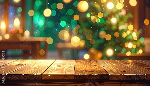 Cozy Christmas Eve with Blurry Tree Lights and Wooden Table.