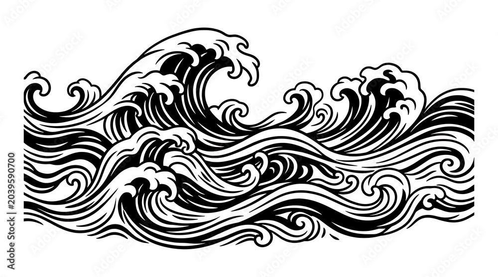 Fototapeta premium Stylized graphic illustration of dynamic ocean waves, capturing the raw power and fluid motion of a tumultuous sea