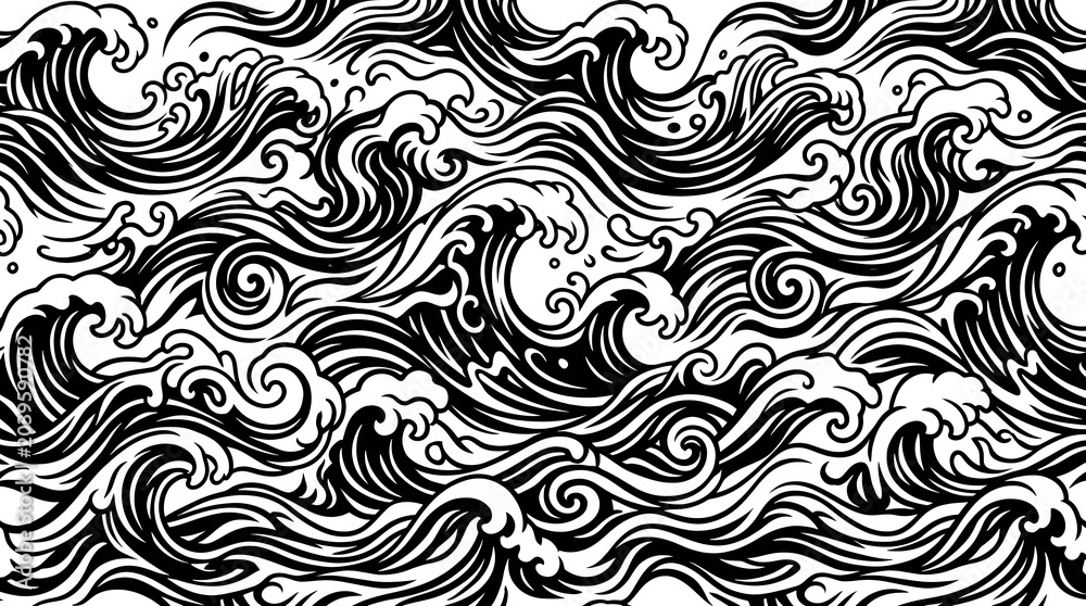 Obraz premium Endless Flowing Waters Dynamic Hand-Drawn Ocean Waves Pattern for Nautical and Coastal Designs