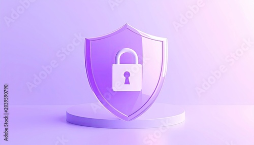 Digital Security Shield with Padlock Icon on Pedestal.