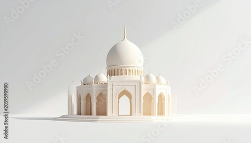 Elegant White Mosque Architecture with Dome and Arches.