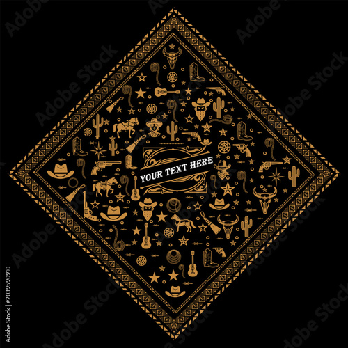 Western bandana pattern with cowboy elements and central text placeholder