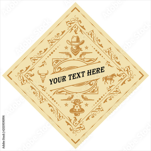 Western style bandana design with cowboy elements and text placeholder