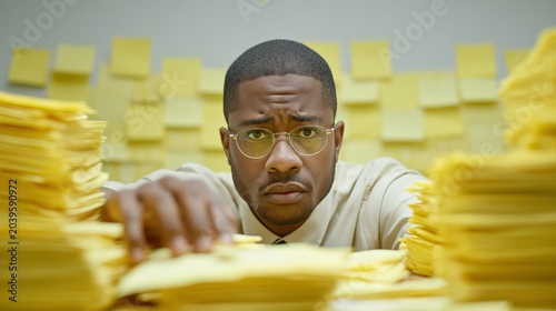 Overwhelmed professional surrounded by paperwork illustrates stress, workload, and corporate pressure. Business burnout, productivity challenges and time management issues. Office workplace, HR