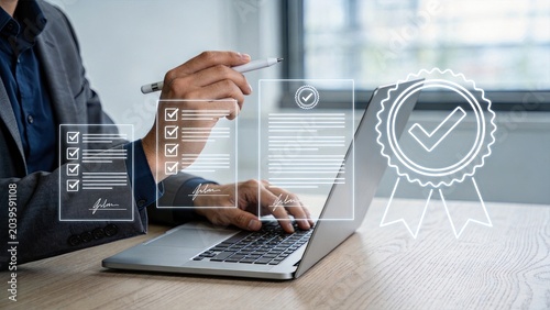 Digital document approval and signature concept, electronic contract signing on laptop with virtual checklists and certification badge, representing legal agreement, verification,
