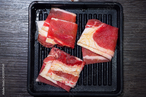 Beef Short Plate Tare Marinade Ready For Japanese BBQ, Marinated Beef Short Plate With Tare Sauce On Serving Tray, Premium Short Plate Beef For Yakiniku With Sweet Soy Tare