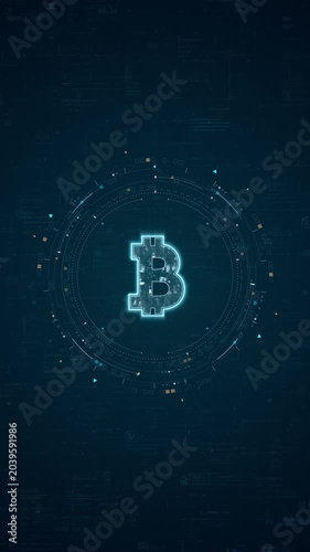 Motion graphic of cryptocurrency symbol with financial technology HUD interface and digital currency data, creating a vertical fintech background for business promotion.