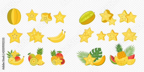 Schilderij op canvas Set of tropical fruits including starfruit, bananas, pineapples, mangoes, and watermelon slices, presented whole and cut, with decorative leaves