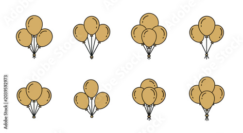 Golden Balloons Collection: Party Celebration Icons, Festive Decoration Elements