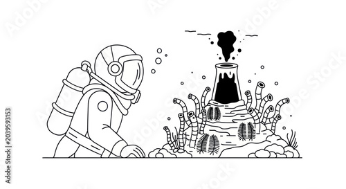Canvastavla Diver exploring strange underwater structure with smoke, line art illustration