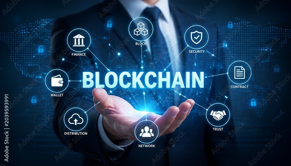 Naklejka premium Blockchain Technology and Network Connection Concept – Businessman Holding Blockchain Text with Digital Security and Data Network Background
