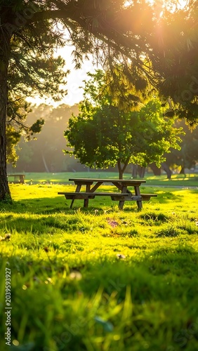 Picnic table in green grassy field.