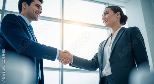 Successful business handshake, man and woman in suits smiling, sealing deal, partnership agreement, modern office with large windows