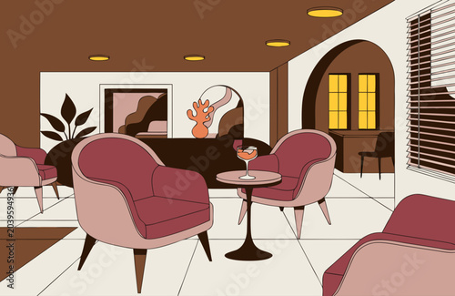 Foto Cozy armchairs arranged in elegant lounge warm ambient lighting refined interior