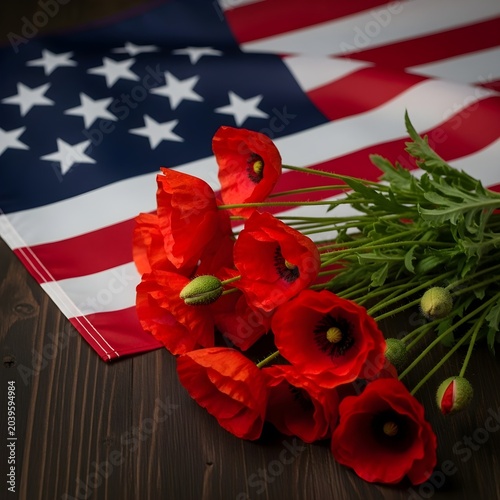 Memorial day tribute with american flag and red poppies