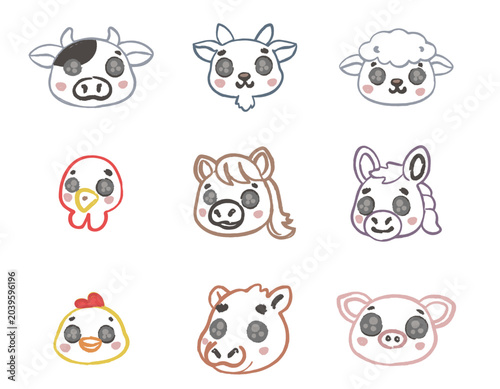 illustration of a variety of baby farm animal faces cheerful flat design charcoal hand drawn stylized in pastel on isolated white background