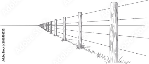 Tableau sur toile Wire fence with wooden posts receding into the distance