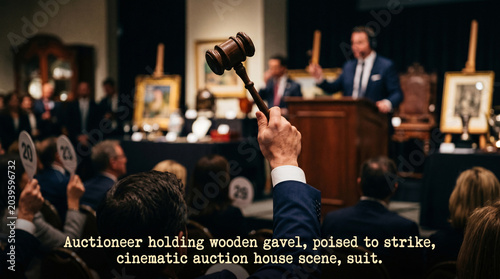 The elegant hand of an auctioneer holds a polished wooden gavel poised to strike during a high stakes sale event captured with soft dramatic cinematic lighting.