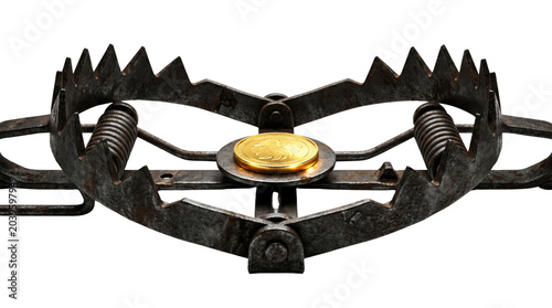 Bild auf Leinwand Rustic metal animal trap with sharp teeth and a golden bait plate, a dangerous hunting device, symbolizing risk and capture, isolated on white for conceptual design