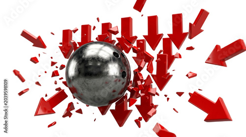 Impactful 3D rendering of a metallic bowling ball shattering red arrows, symbolizing resistance and breaking through challenges. Dynamic visual metaphor for strength, overcoming obstacles