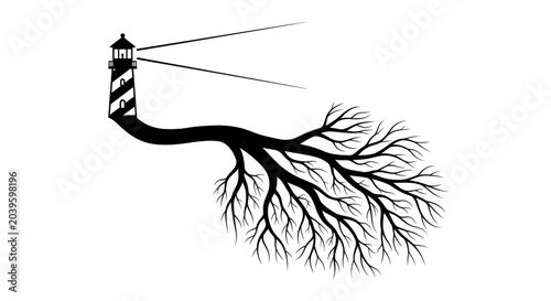 Schilderij op canvas Lighthouse branch roots, beacon light, guiding path, inspiration, growth, wisdom