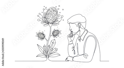 Photos Man contemplating a futuristic crystal flower, symbolizing innovation and growth