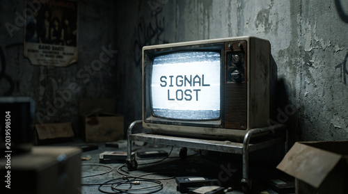 A vintage cathode ray tube television set displaying the text signal lost on a flickering screen with analog static noise and classic brown plastic casing.