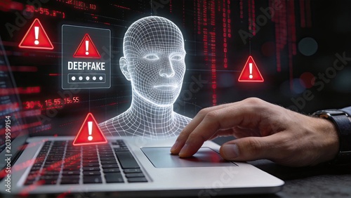 Deepfake warning cyber security threat concept, artificial intelligence face wireframe, red alert triangle icons, digital identity fraud, fake news detection, biometric