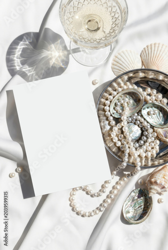 5x7 Wedding Card Mockup With Pearl Jewelry And Coastal Styling