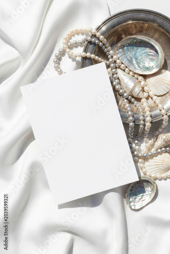 5x7 Wedding Invitation Mockup With Pearls And Oyster Shell Decor