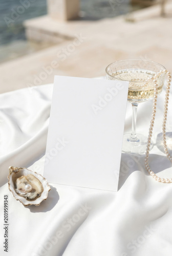 5x7 Wedding Invitation Mockup With Champagne Glass And Pearls