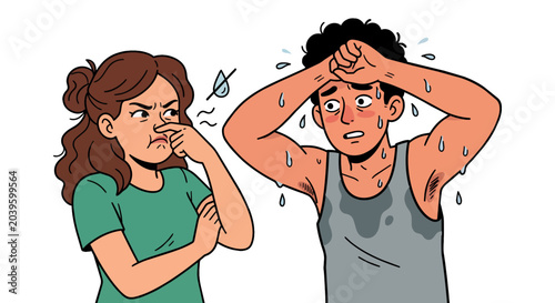 Cuadro en lienzo A woman with an annoyed expression while covering her nose when she is next to a sweaty man
