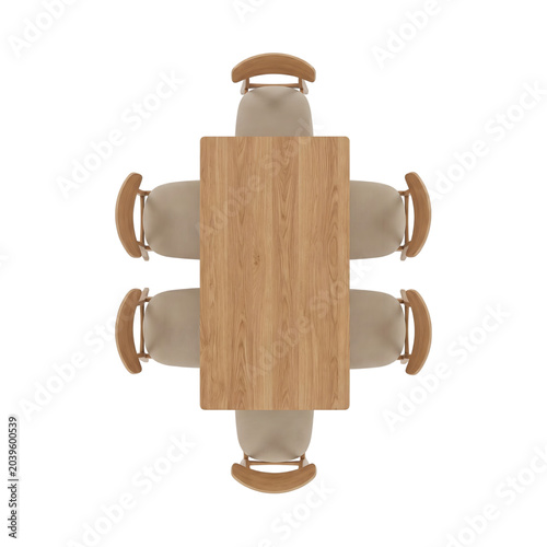 Top view of a modern wooden dining table with six chairs isolated on transparent background