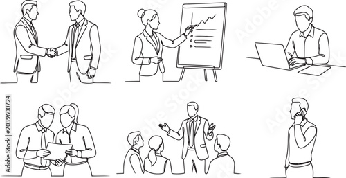 Set of continuous one-line business illustrations, corporate teamwork, meeting, handshake, presentation, and office work concepts