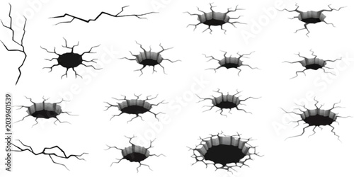 Bild auf Leinwand Set of black crack and hole icons on surface showing damage and destruction