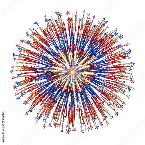 Patriotic red white and blue fireworks burst with stars