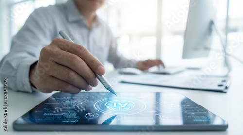Professional developer using stylus pen on touchscreen tablet to design artificial intelligence software application inside modern bright office environment workspace