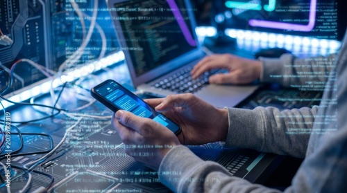 Hands holding smartphone with code on screen, surrounded by digital data and wires, representing programming
