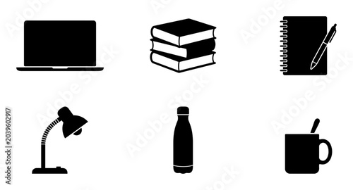 Office supplies, desk essentials, icons, black, vector graphics