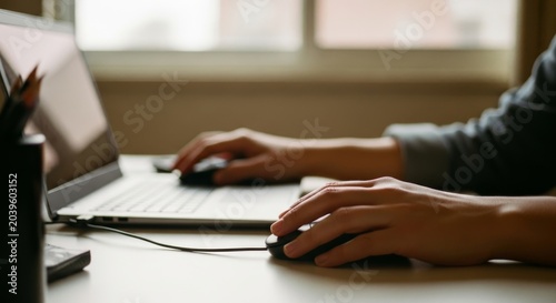 Close up shot of human hands using computer mouse and laptop keyboard for office work or remote freelance job during daytime in home office with natural lighting